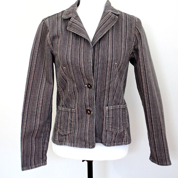 Vintage POINT ZERO Jacket Brown Grey Striped Stretch Cotton Blend Pockets Size S - Picture 6 of 11